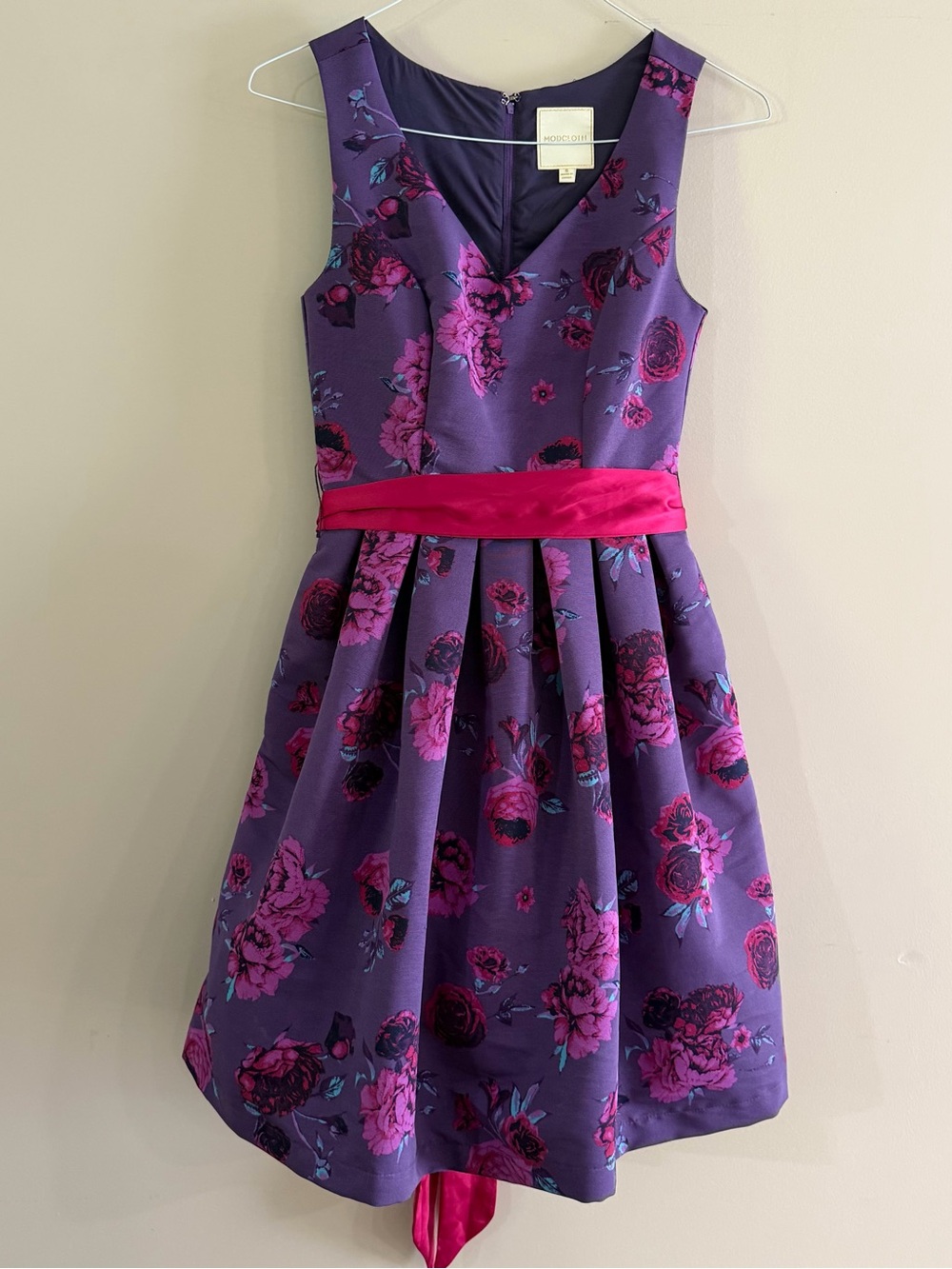 ModCloth Purple Floral Dress with Fuchsia Sash